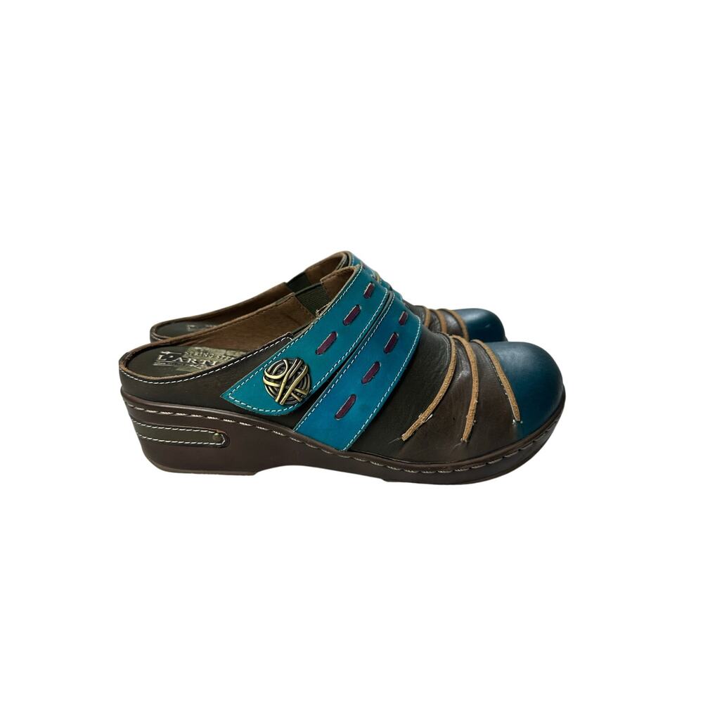 L’Artiste Clogs Spring Step Brown Teal Art to Wear Size 39 NWOB Leather